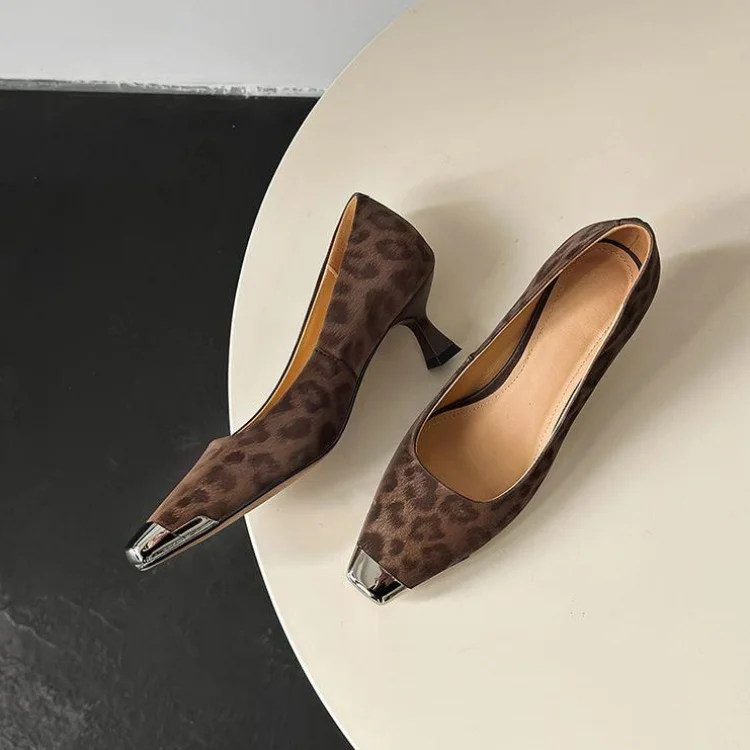 

Brown Leopard Shallow Women Pumps Metal Toe Slip On Prom Party Shoes Slip On Sapatos Mujer Black 5cm High Heels Chaussure Femmes