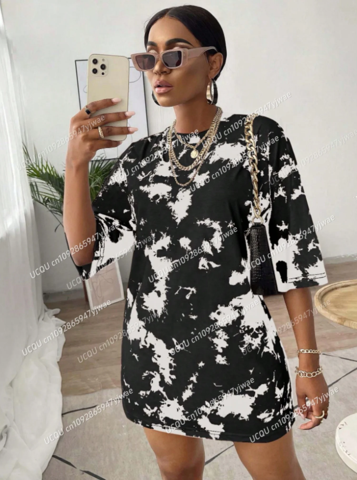 2025 Summer Polyester Women T-Shirt Dress Loose Casual 3D print O-Neck Lady Short Sleeve Pullover Dresses Women Clothing