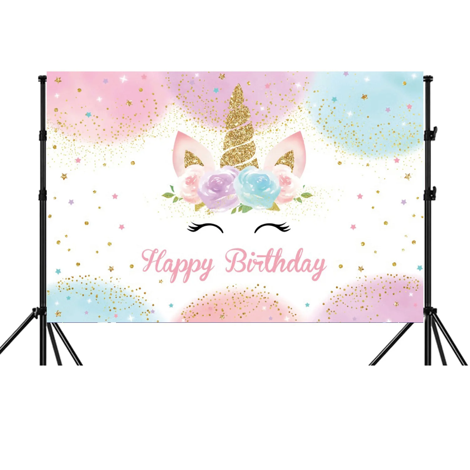 Rainbow Unicorn Backdrop Happy Birthday Party Decorations for Girls Watercolor Floral Glitter Stars Photography Background