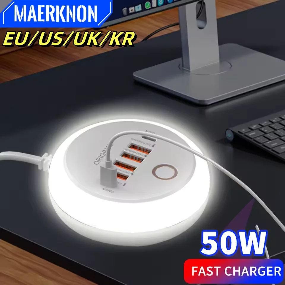 

Многопортовое USB-зарядное устройство для быстрой зарядки, 50 Вт, удлинитель типа C, портативный внешний аккумулятор с сенсорной светодиодной подсветкой для iphone 14 Xiaomi