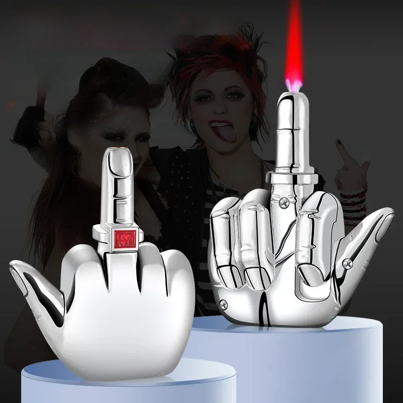 Funny Middle Finger Torch Lighter with Fuk You Voice Windproof Jet Flame Lighters Smoking Accessories Refillable Lighter（No Gas）