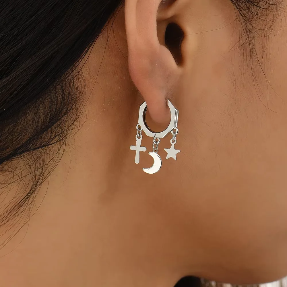Religious Silver Color Star Moon Cross Charms Huggies Earrings for Women Girls Geometric Polygonal Small Hoop Earrings Punk Gift