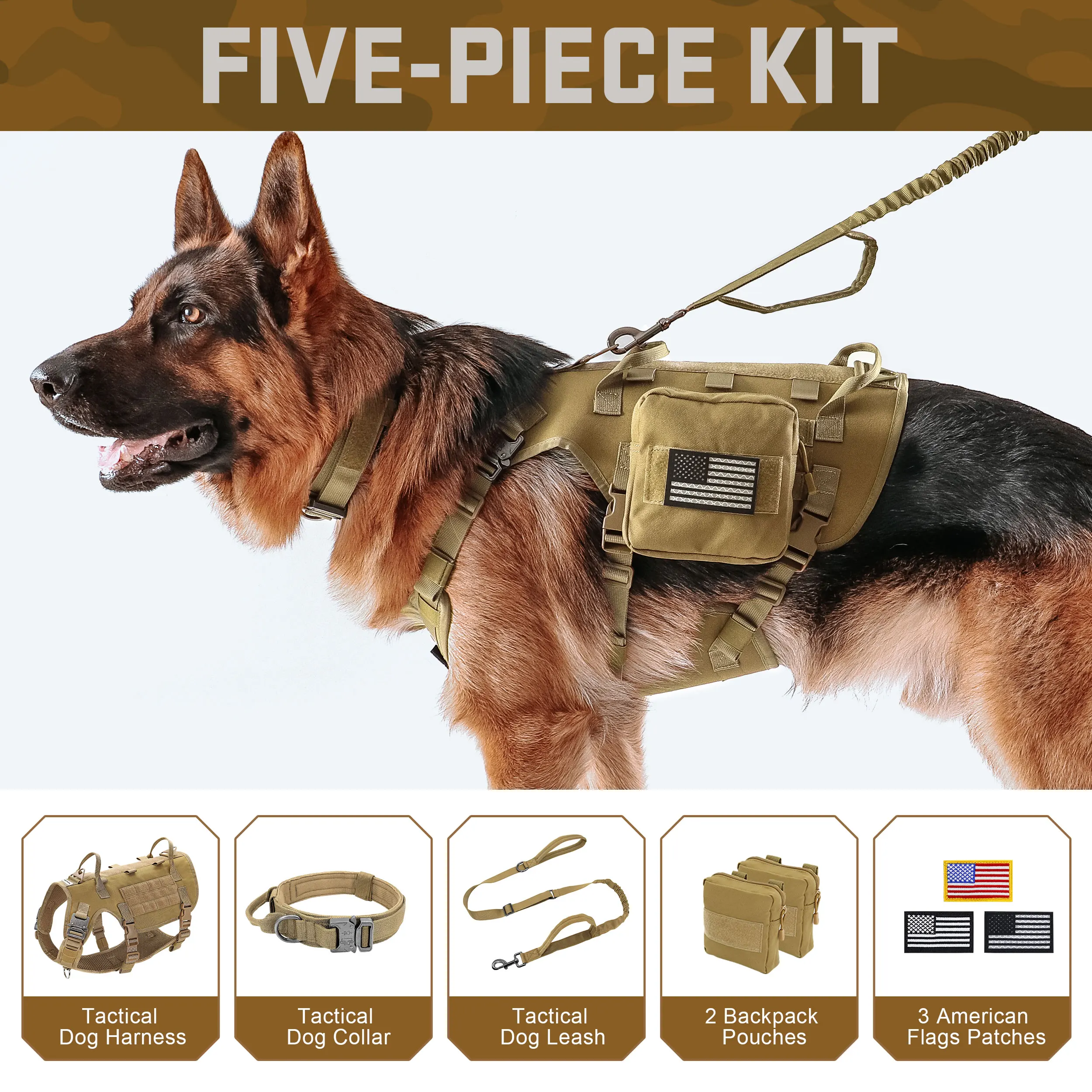 Military Tactical Dog Harness Collar Leash Set with Pouches Flags Durable Pet Harnesses Vest Collars Leashes for Dogs Training
