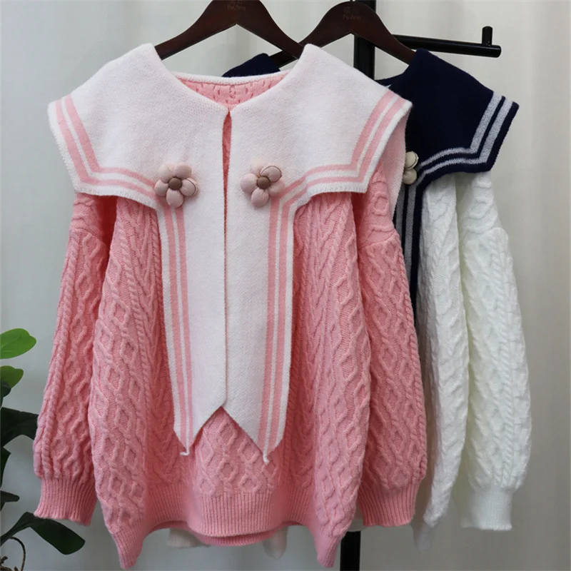 Hsa 2023 New Cute Women Autumn&winter Contrast Sailor Collar Sweater Pullovers Loose Sweet Age-reducing Girl Long Sleeve Tops