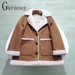 Garaouy2024 Winter Women Imitation Suede Lamb Down Jacket Lapel Loose Pocket Patchwork Coat Female Casual Versatile Warm Outwear