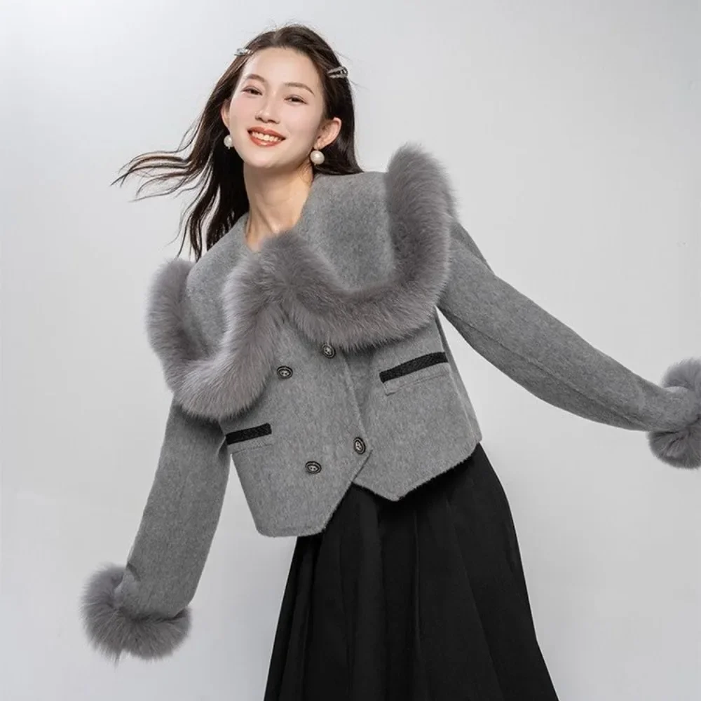 Real Fox Fur Woolen Jacket Women 2024 New Autumn Winter Sailor Collar Double Breasted Fur Sleeve Wool Coat Female Fashion Sweet