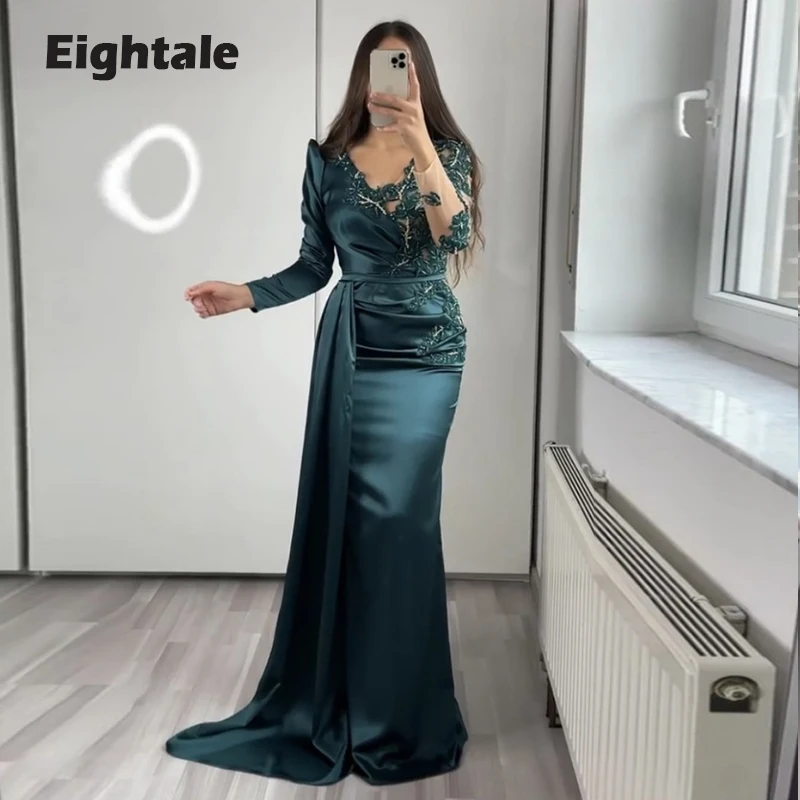 Eightale Dark Green Evening Dress for Wedding Party Satin Beaded Long Sleeves Customized Mermaid Prom Gowns Celebrity Dress