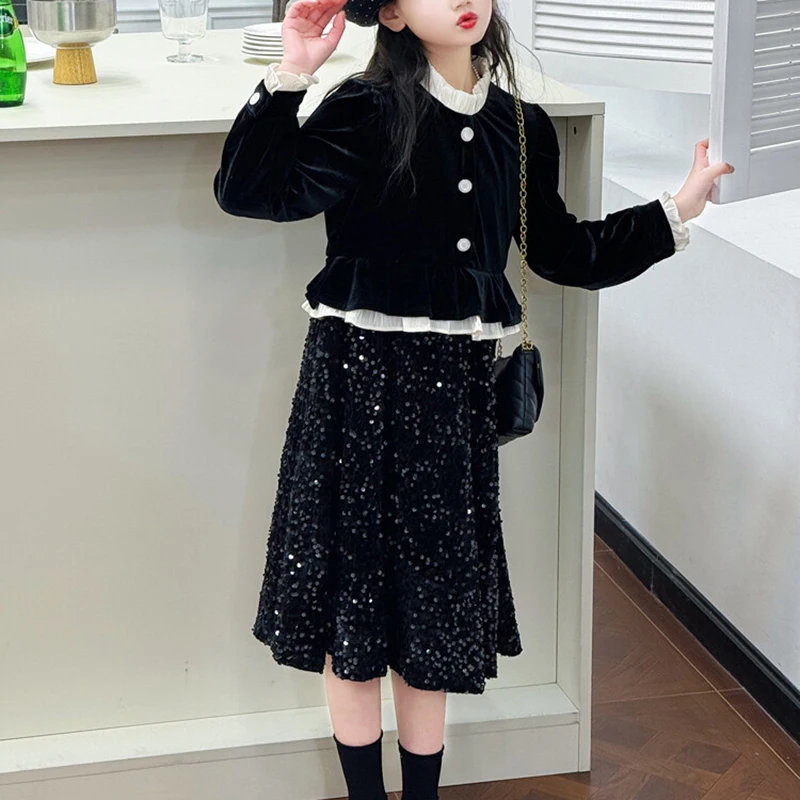 Girl\'s sequined velvet dress black fashionable high-end temperament girl fake two pieces Spring and Autumn Winter Festival party