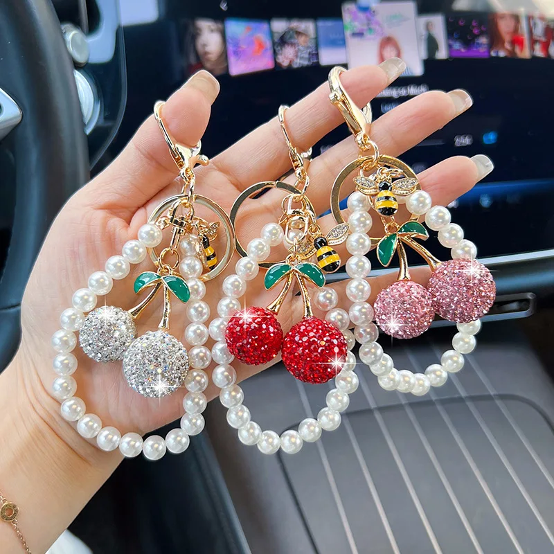 Cherry-Shaped Rhinestone Keychain for Car Keys, Cute Realistic Cherry Bag Charm Pendant – Fashion Accessory