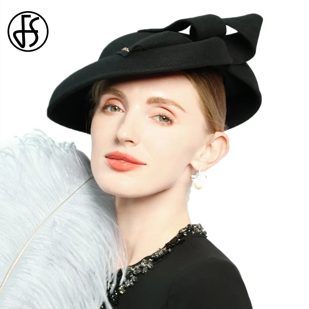 

FS Elegant Black Red Wool Kentucky Derby Hat For Women Luxury Ladies Tea Party Fascinator Hats Black Wedding Bride Caps Chapeau