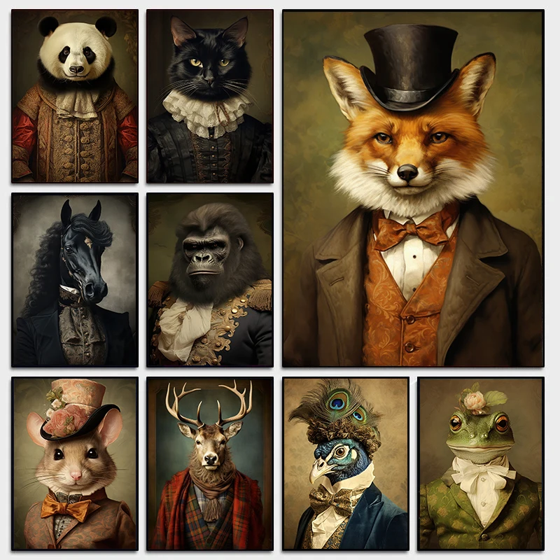 Vintage Renaissance Animal Portrait Gothic Fox Stag Black Cat Human Body Funny Poster Canvas Painting Wall Pictures Home Deco
