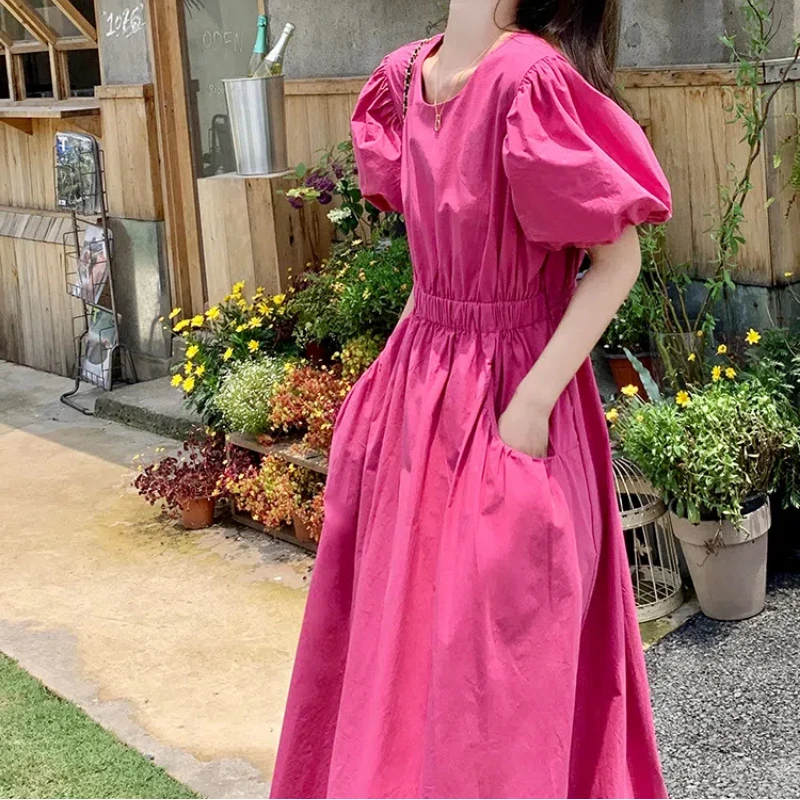 

Summer New Elegant All-match Pleated Dress Short Sleeve Solid Color Loose A-line Dress Fashion Sweet Vintage Women Clothing