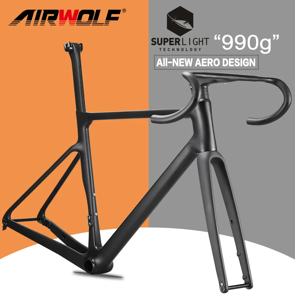 AIRWOLF 2023 Carbon Road Frame Disc Brake 997g Max 700*38C Road Bicycle Frameset Full Internal Cable 49-58cm Carbon Bike Frames