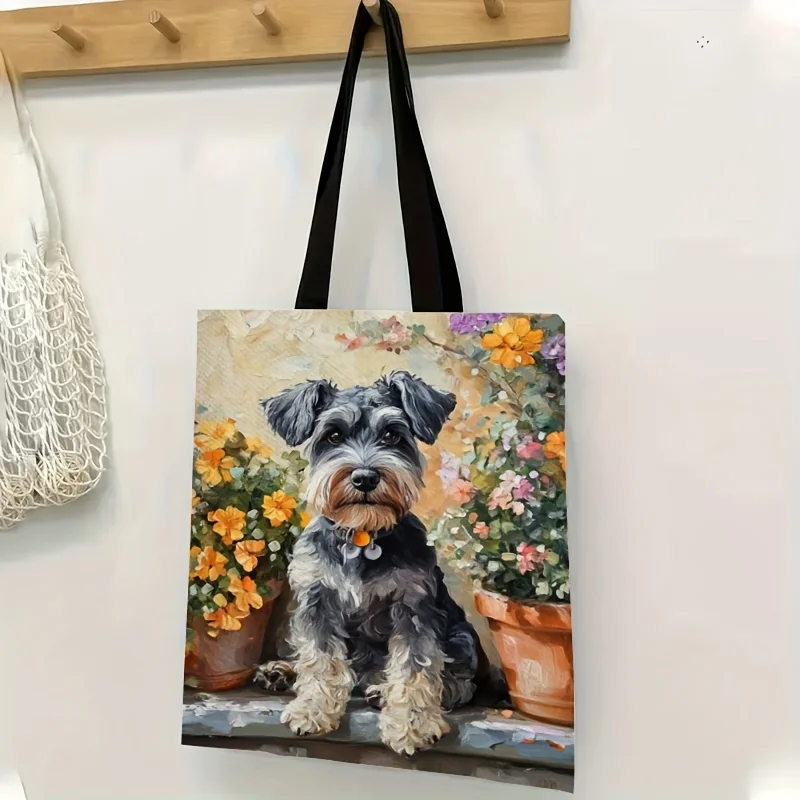 1pc High-Quality Large Capacity Reusable Tote Bag with Adorable Schnauzer Dog & Floral Design – Perfect for Shopping