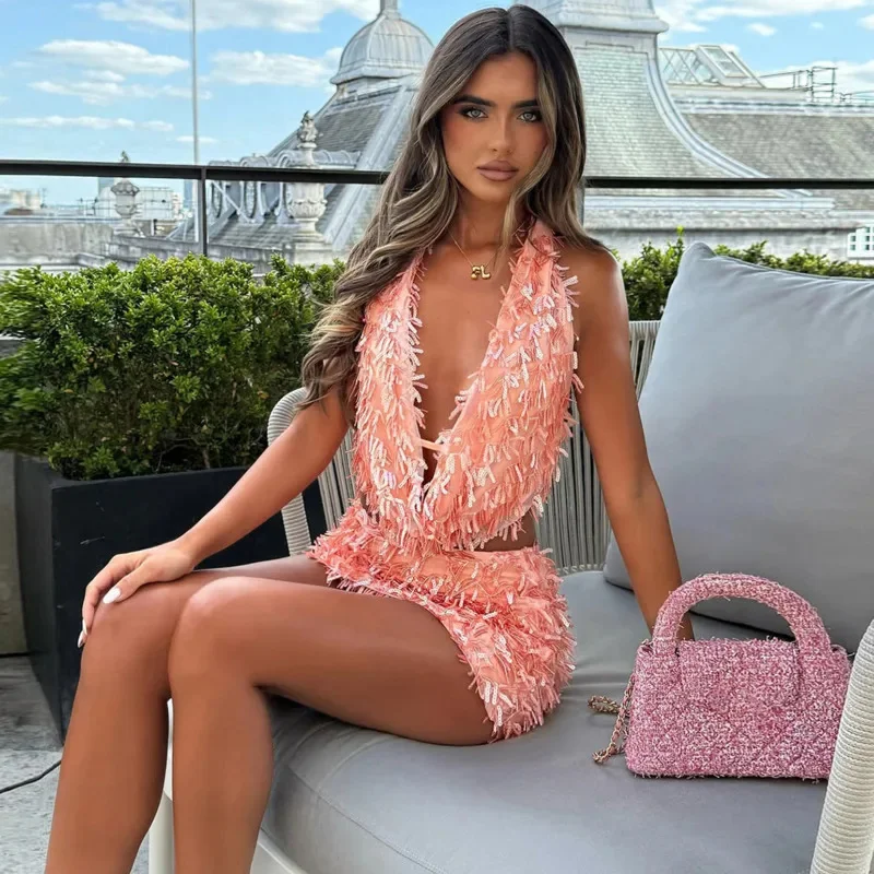 Stunning Summer Halter Style Shiny Tassel Two Piece Set For Women With Swing Neck And Hip Hugging Skirt For Night Out Look New
