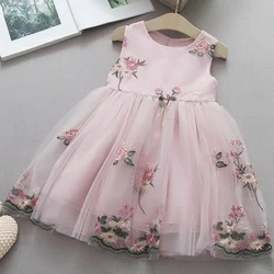 Elegant Kid Girl Dress Embroidery Flower Lace Ball Gown Princess Dress Wedding Costume Sleeveless Children Clothing Baby A1145