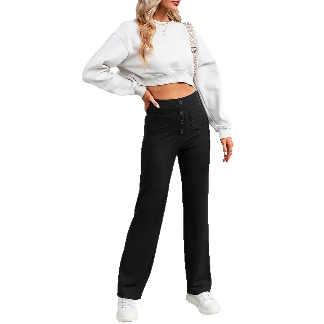 Fashion New Women's Trousers Casual Straight High Waist Button Elastic Daily Office Ladies Multi-Pocket Basic Sweatpants