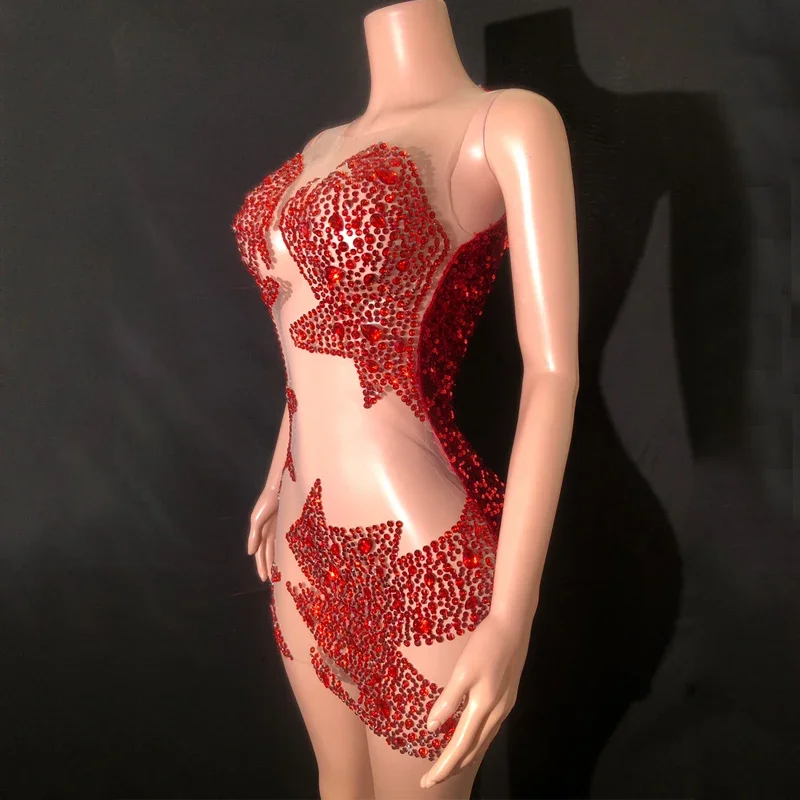 Mode Rot Strass Kleid Frauen Perspektive Pailletten Abendkleid Geburtstag Feiern Kostüm Bühne Abend Outfit XS6585