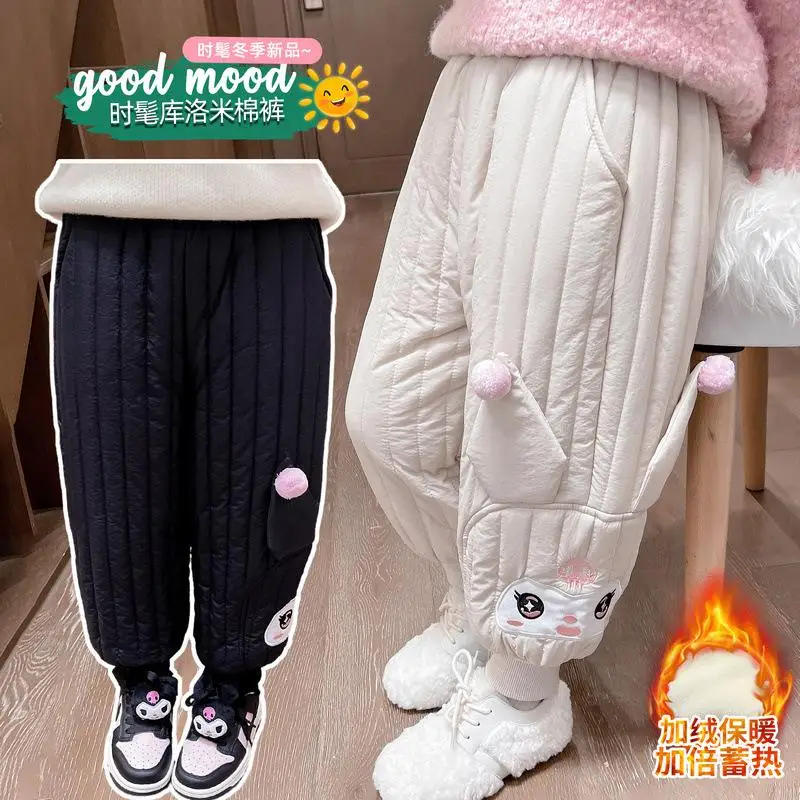 Kawaii Sanrio Kuromi Anime Cute Girl Pants Cotton Pants for Children's Autumn and Winter Outwear with Plush and Thickened Pants