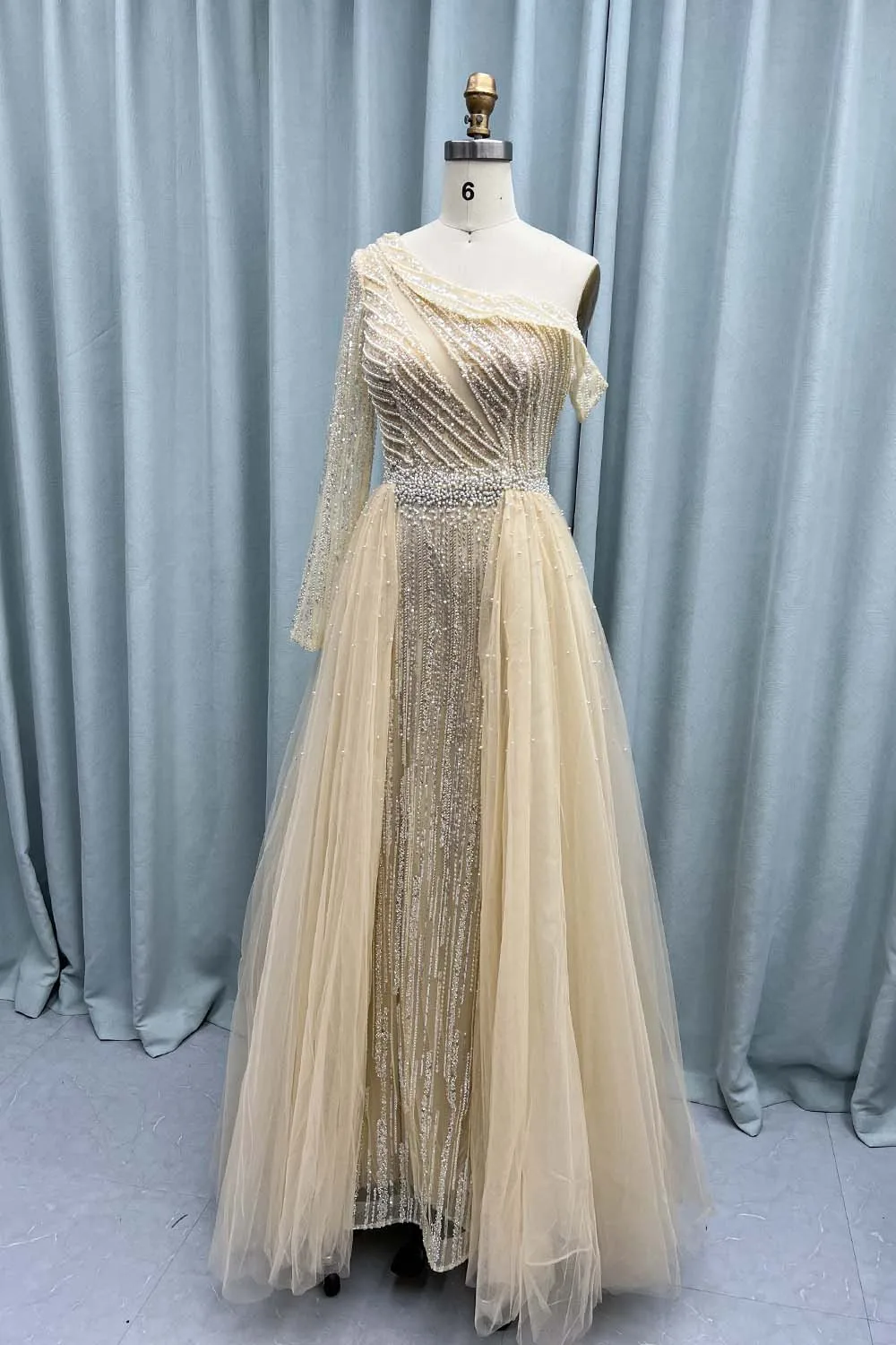 YQLNNE Beige One Shoulder Long Sleeve Evening Dresses Tulle Beaded Sequined Formal Evening Party Gown Elegant