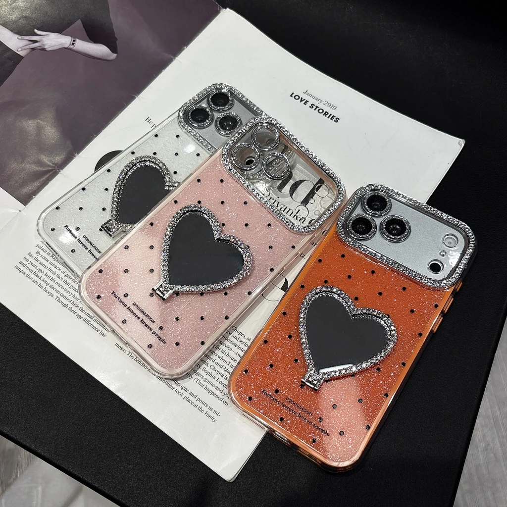 Korean Style Polka Dot Heart Makeup Mirror With Holder Shockproof Protective Phone Cover Case for iPhone 17 16 15 14 13 Pro Max