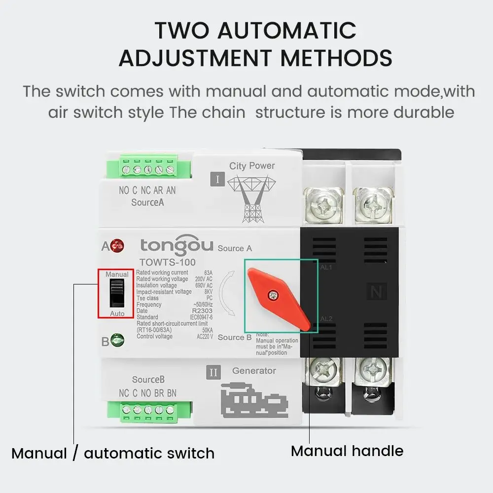 Din Rail 2P 3P 4P ATS Dual Power Automatic Transfer Switch Electrical Selector Switches Uninterrupted Power 63A 100A TONGOU Mini