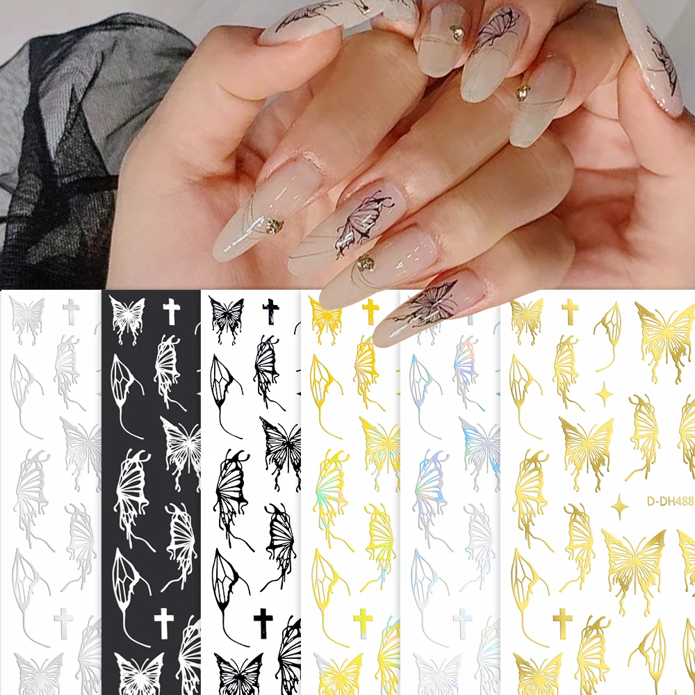 1pc adesivo per unghie farfalla bianca nera Y2K abbronzante oro argento farfalla adesivo decalcomanie cursori per nail art decorazione manicure