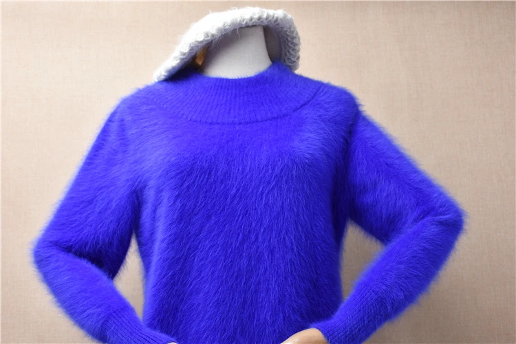 04 Ladies Women Fall Winter Clothing Blue Hairy Mink Cashmere Knitted O-Neck Long Sleeves Slim Blouses Pullover Sweater Dress