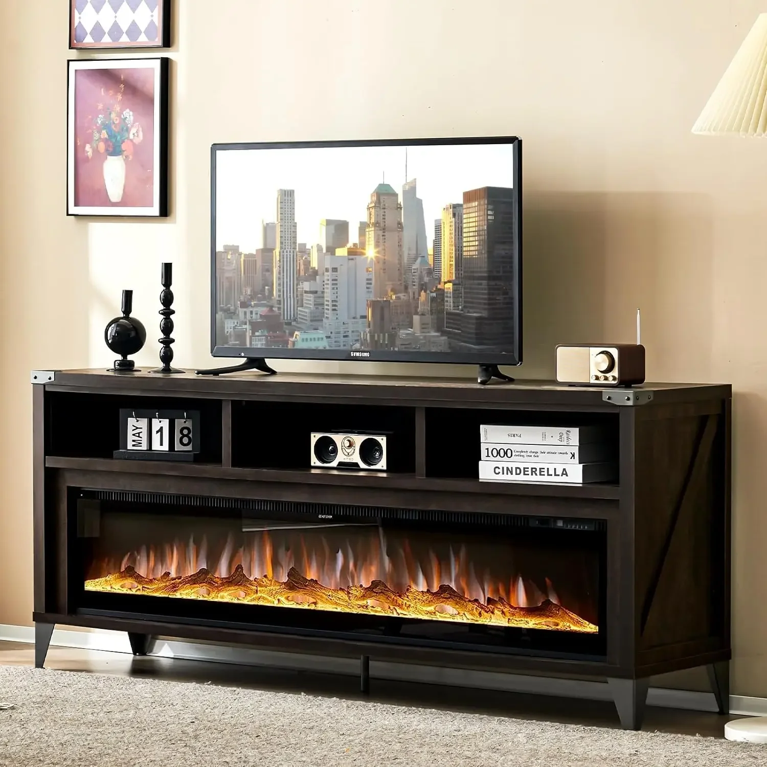 

Fireplace TV Stand with Glass Electric Fireplace, Industrial & Farmhouse Media Entertainment Center for TVs Up