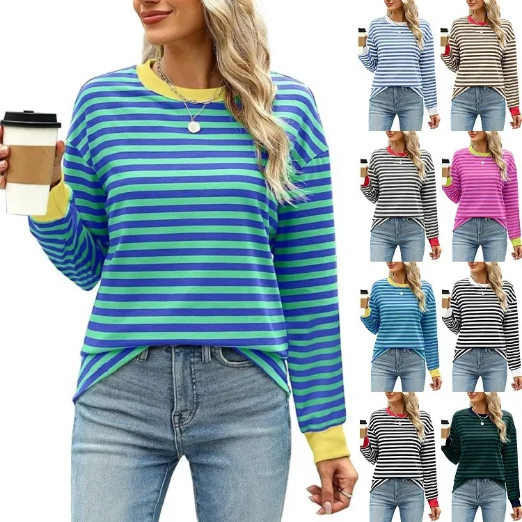

Spring Women's Striped T-shirt Long Sleeve O-neck Color-blocking Fashion Top Versatile College Casual Street Tees