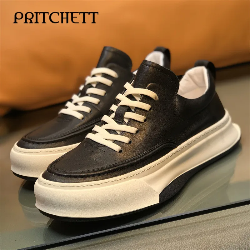 

Black and White Genuine Leather Sneakers Round Toe Thick Sole Lace-Up Sneakers, Men's Trendy Casual and Comfortable Daily Shoes