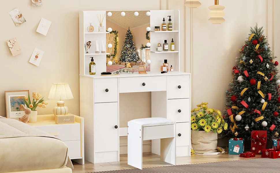 Dresser Desk Bedroom Makeup Dressing Vanity Table Set LED Lights Mirror W/Drawer