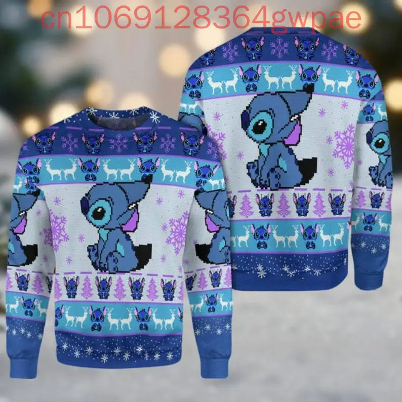 Disney Stitch Ugly Sweater Cute Ugly Christmas Men Sweater Gift for Women Men Santa Hat Stitch Xmas Lights Lilo and Stitch