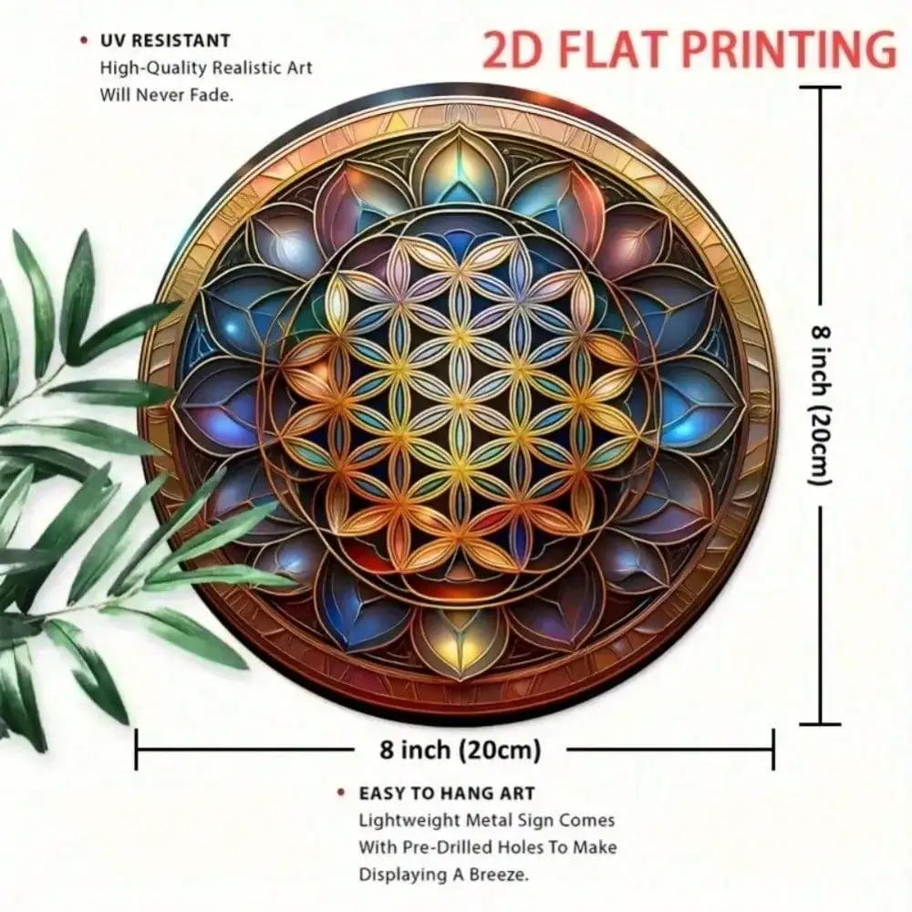 Sacred Geometry Flower of Life Wall Art 8-Inch Iron Mandala Hanging Decor for Door Indoor Vibrant Multicolor