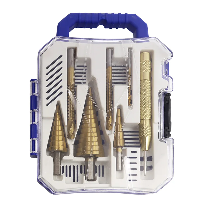 Titânio Revestido Step Drill Bit Conjuntos Sulco Reto Cone Hole Cortador Soco Central Automático Espiral Twist Saw Hss Pcs