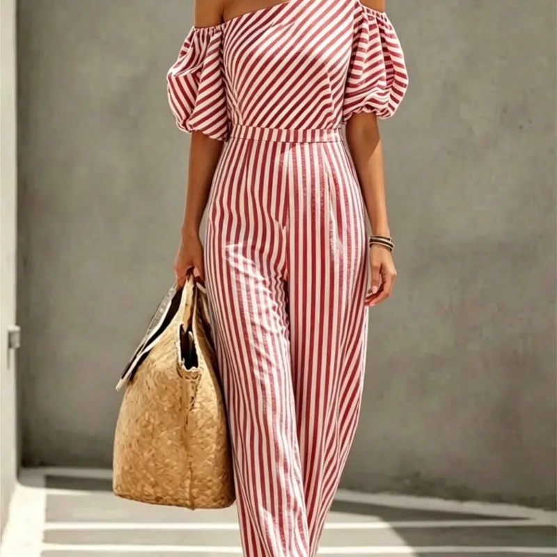 2026 New Summer Women's Jumpsuit With Striped Diagonal Shoulder Bubble Sleeves Fashionable And Comfortable Unique Jumpsuit Pants view 6