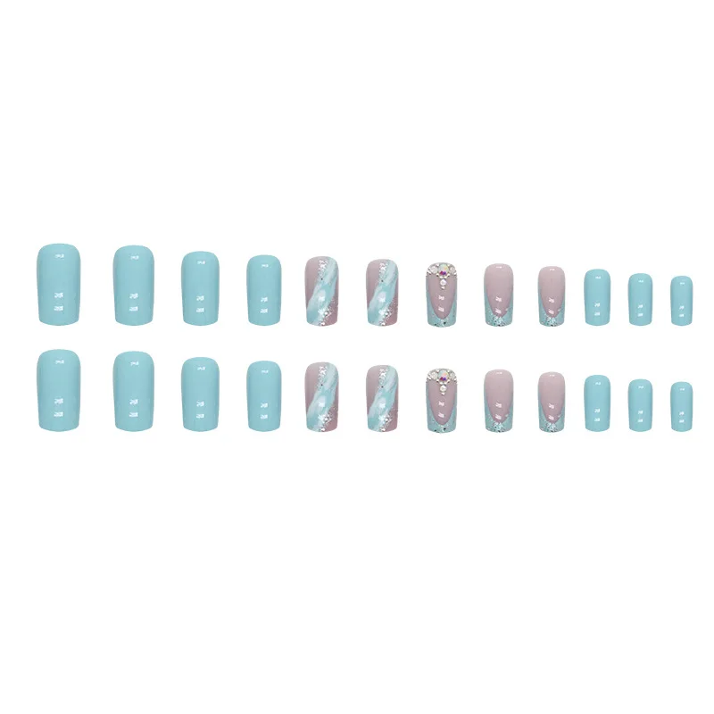 24pcs Mid length False Nails Blue Glitter Diamond French Ballet nails Press on Nails Fake Nails DIY Manicure Detachable Nail Tip