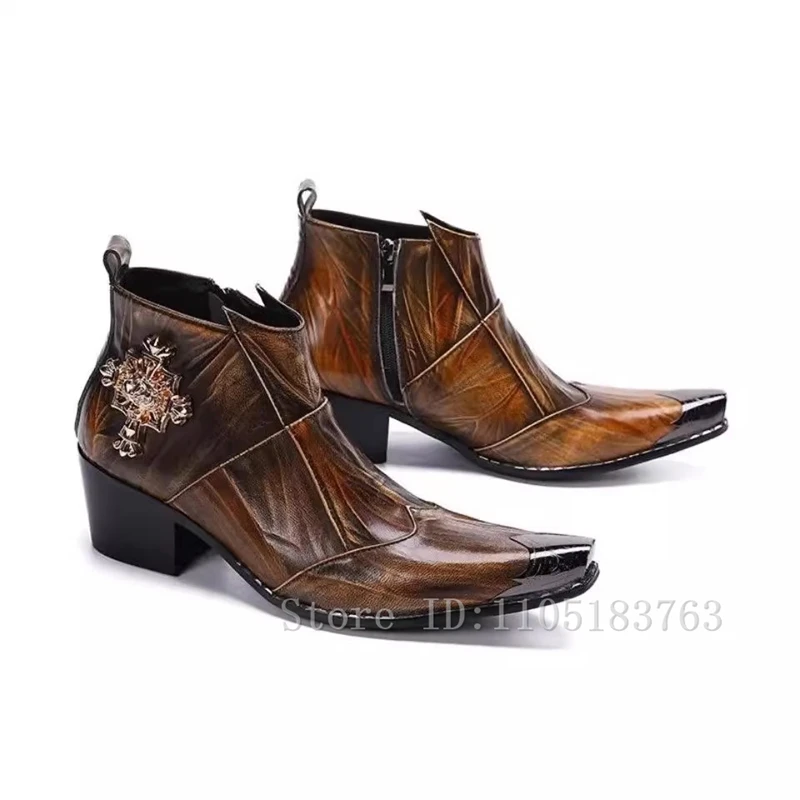 مصمم الأحجار الكريمة البنية ديكور الرجال أحذية الحفلات جلد طبيعي المعادن أشار تو حذاء من الجلد الشتاء قبعات رعاة البقر الغربية فستان الأحذية