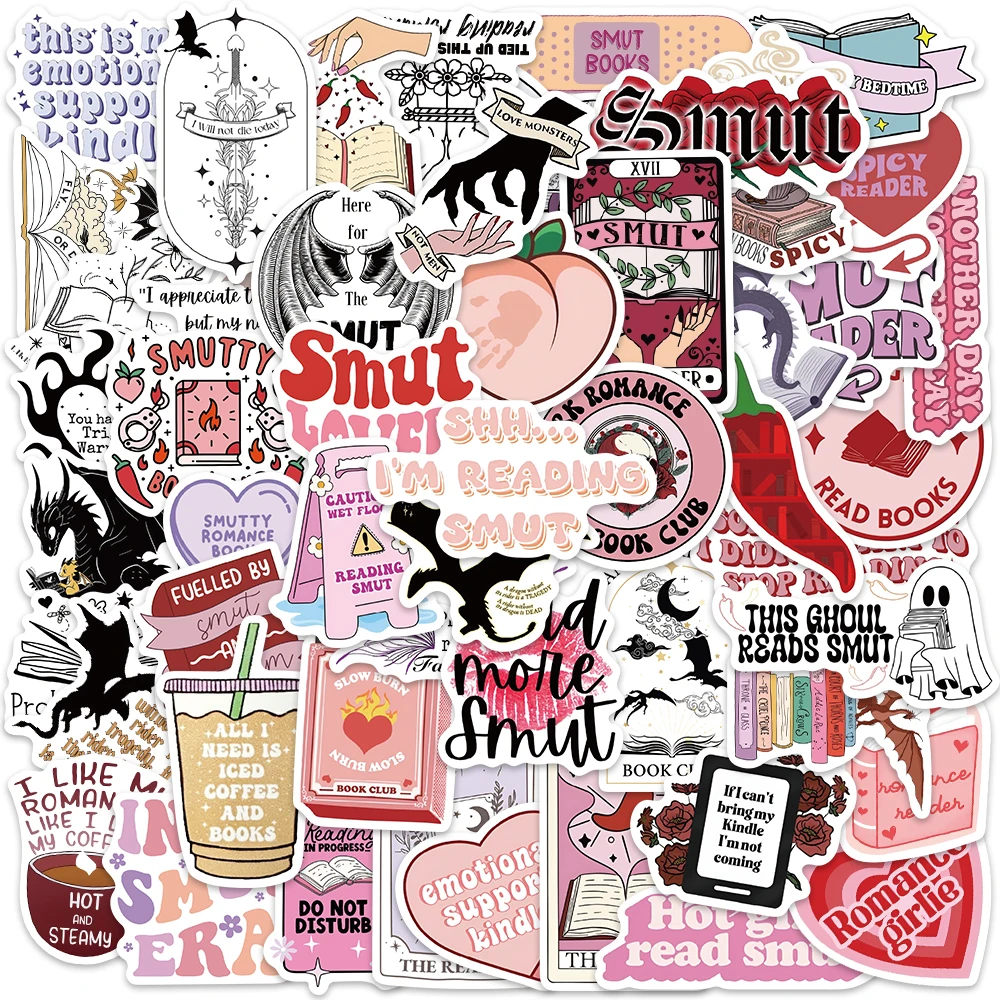 

52PCS Pink Bookish Smutty Reading Stickers Graffiti Decals For Laptop Luggage Waterproof Phone case Scrapbook Aesthetic Sticker