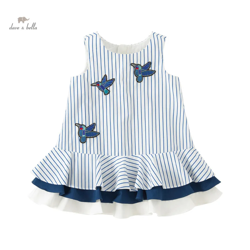 Dave Bella Girl\'s Princess Dress 2024 New Summer Children\'s Baby Cute Charm Vest Dress Striped Fashion Casual Cotton DB2240622