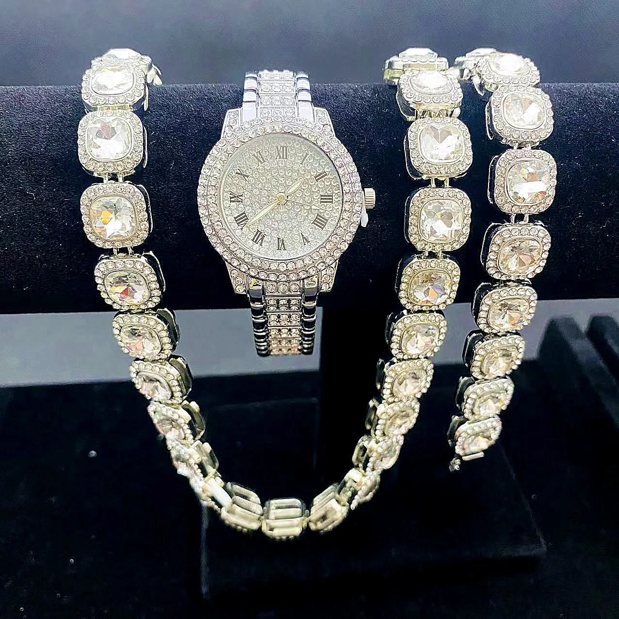 3PCS Iced Out Watch for women Bracelet Necklaces for Men Gold Watch Chain Bling Bling Jewelry for Men Simple Watches reloj mujer