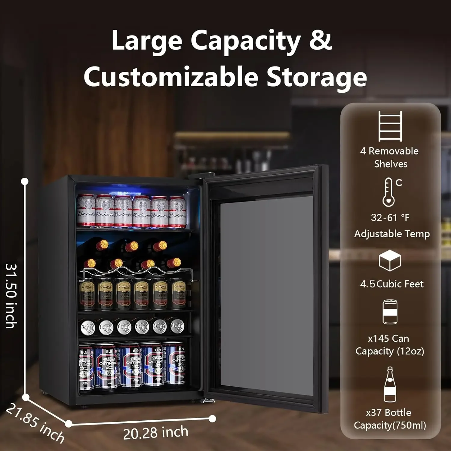 

37 Bottle Wine Fridge, Freestanding 145 Can Beverage Refrigerator with Smart Temperature Control，4.5 CU FT Quiet Mini Fridge
