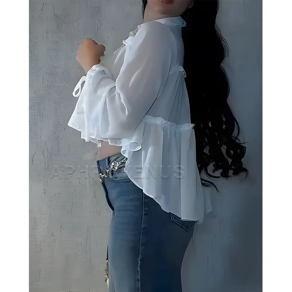 Women's Flowy Chiffon Shirt Long Sleeve Ruffle Detail Loose Fit Blouse Casual Everyday Tops for Women  Spring Autumn