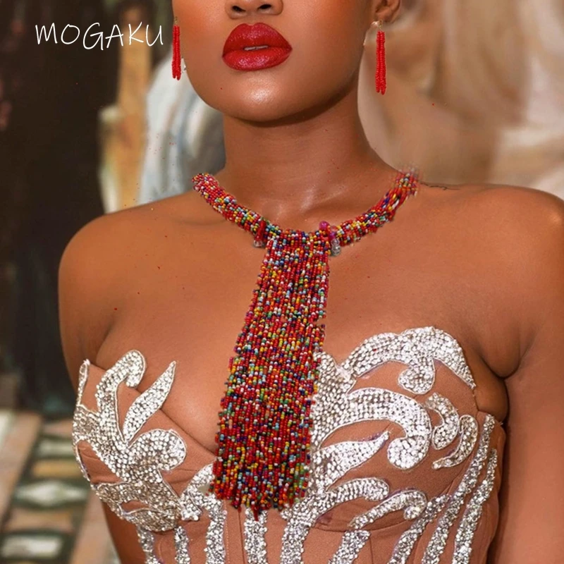 

MOGAKU Classic Ethnic Jewelry Bohemia Long Tassel Beads Necklace Earrings Women Bridal Multicolor Party Wedding African Jewelry
