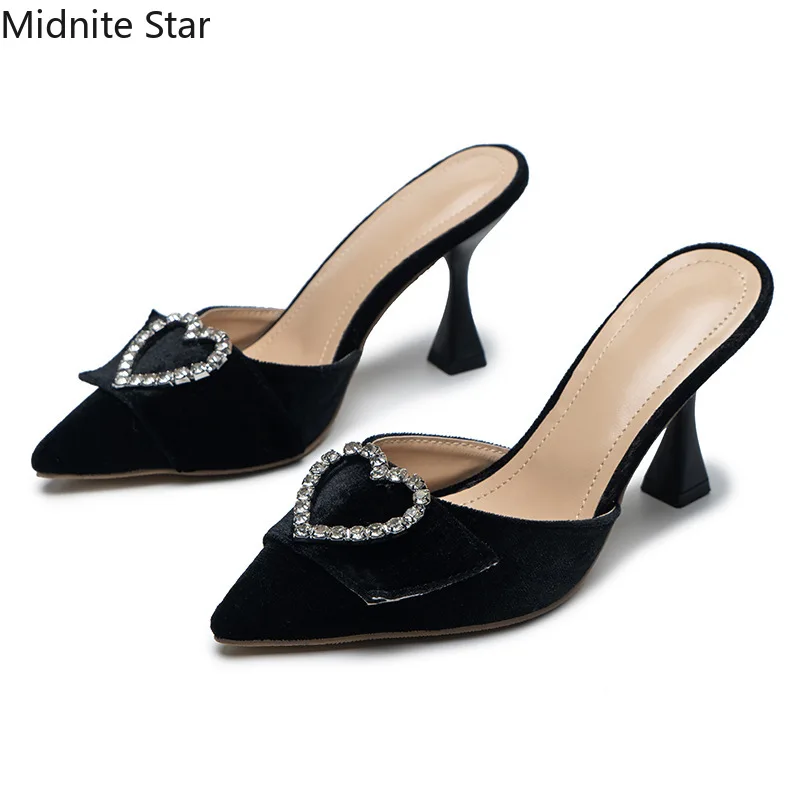 2022 Summer Sexy Stiletto High-heeled Slippers Women's Shallow Mouth Pointed Suede Rhinestone Pearl Diamond Buckle Women's Shoes