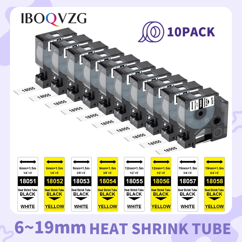 IBOQVZG 10Pack 18055 Black on White For DYMO Rhino IND Heat Shrink Tubes 1000 3000 4200 5000 Labeling Machine 18051 18053 18057