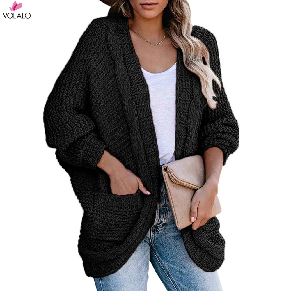 VOLALO Cardigans Jackets Coats Pockets Women Knitted Winter Coat Vintage Slim Holiday Boho Slim Long Cardigan Female Knitwear