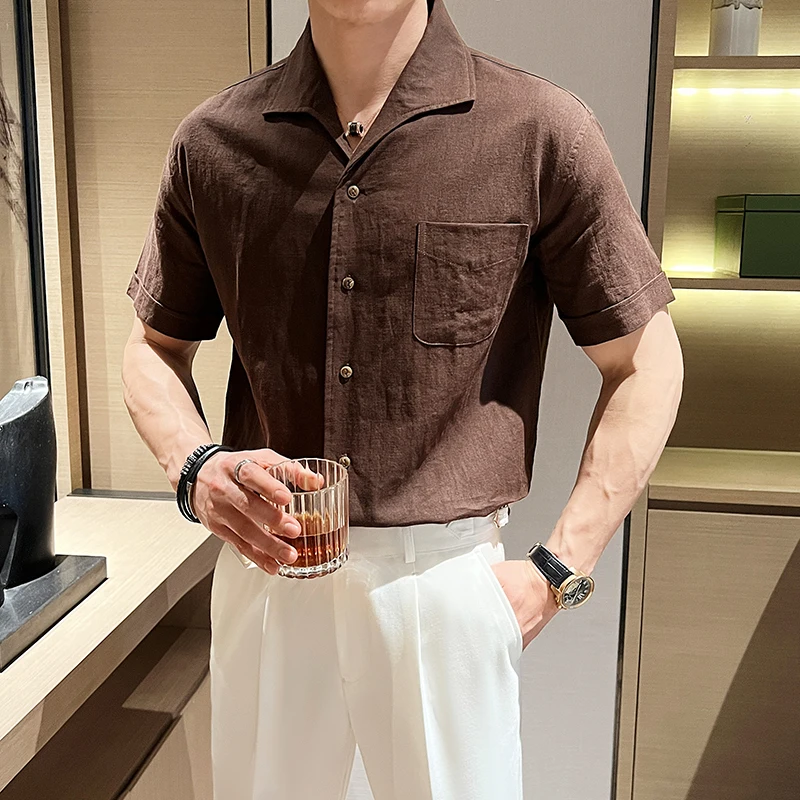 Coffee Cuban Collar Linen Shirt  Arc Collar Design Linen Breathable Short Sleeve Shirt ，Elegant High-End Business Clothes