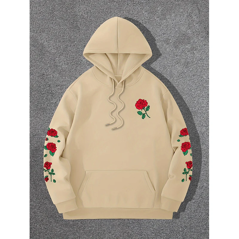 Red Rose Print Hoodie Men Woman Round Neck Long Sleeve Hoodies Hooded Sweatshirts Harajuku Pullover Tracksuit Unisex Clothing