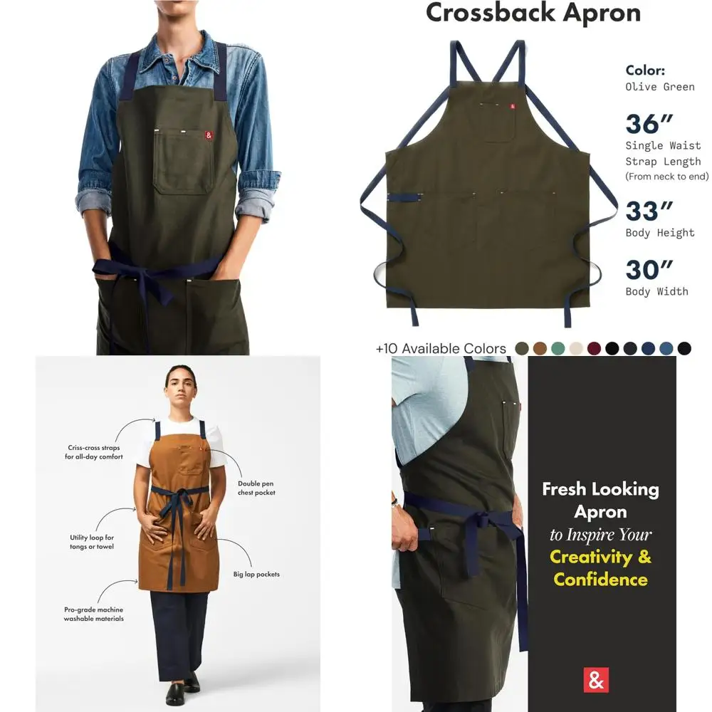 

Cotton Canvas Chef's Crossback Apron with Pockets - 100% Cotton, 8oz, Olive Green, Durable Kitchen Wear